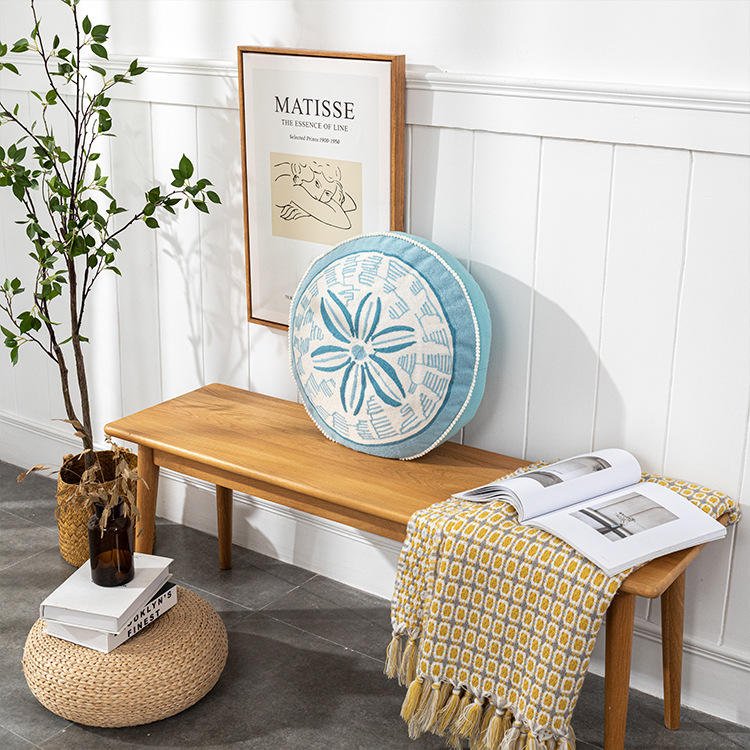 Blue Meditation Cushion with Pompoms - Pillows