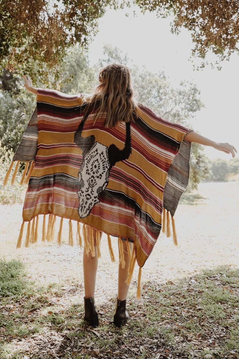 Bohemian Cow Skull Serape Ruana - Mustard - Ruana