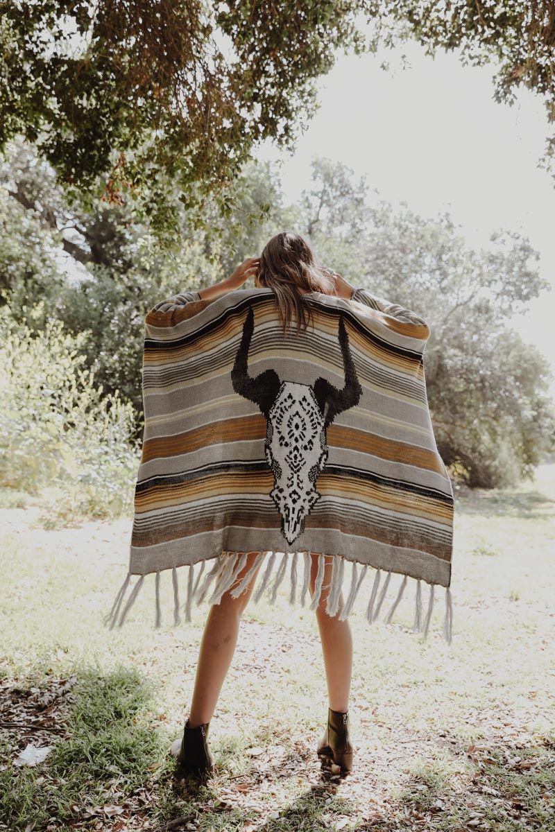 Bohemian Cow Skull Serape Ruana - Gray - Ruana