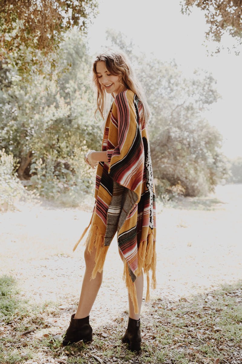 Bohemian Cow Skull Serape Ruana - Mustard - Ruana