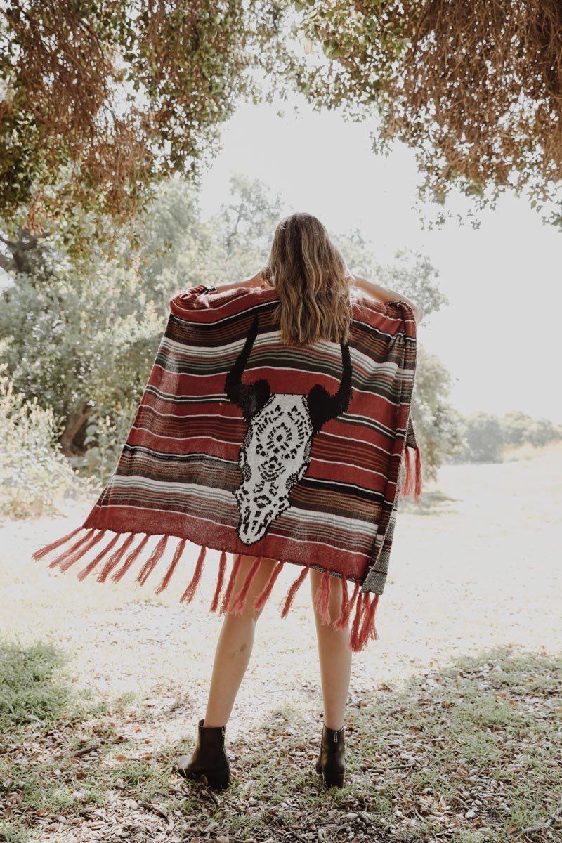 Bohemian Cow Skull Serape Ruana - Red - Ruana