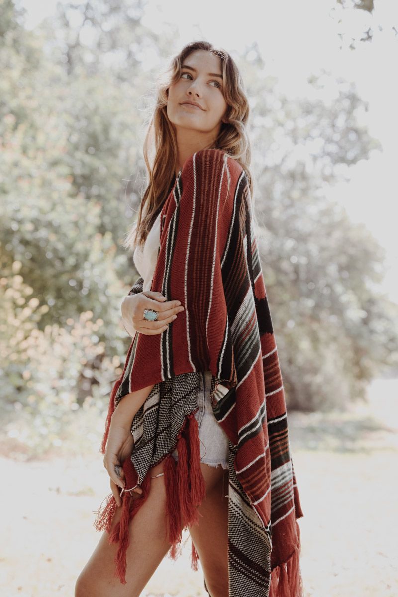 Bohemian Cow Skull Serape Ruana - Red - Ruana