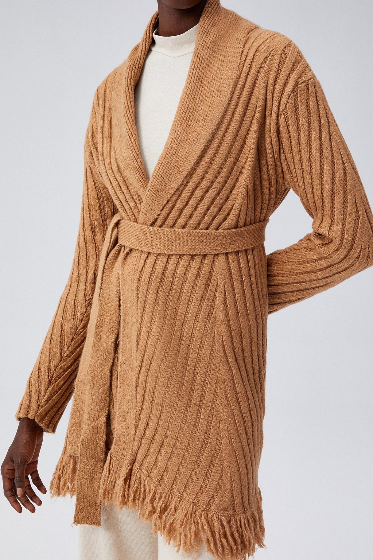 Bohemian Drapes Fringed Knitwear Cardigan (Camel) - Small - Cardigan