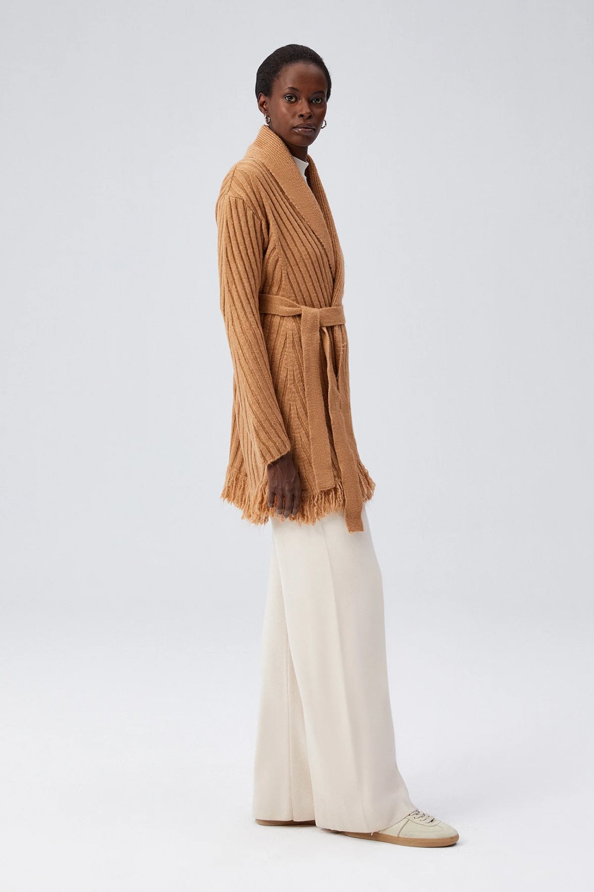 Bohemian Drapes Fringed Knitwear Cardigan (Camel) - Small - Cardigan