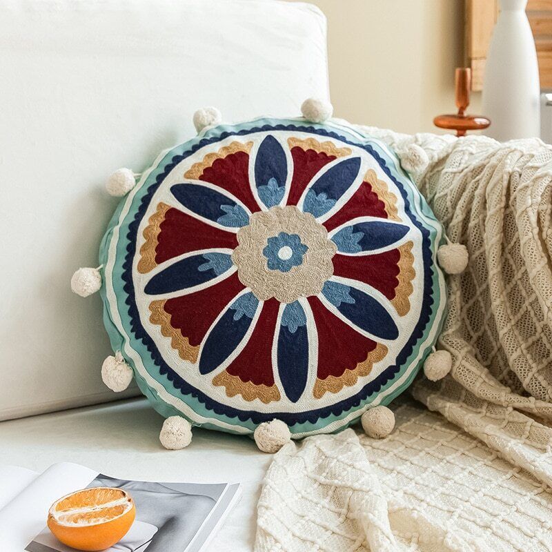 Contrast Flower Bohemian Throw Pillow with Pompoms - Pillows