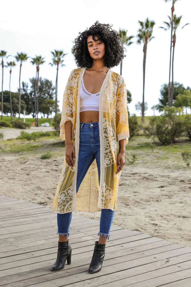 Contrast Mesh Cotton Lace Kimono - Mustard - Casual Kimonos