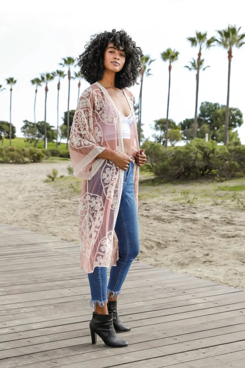 Contrast Mesh Cotton Lace Kimono - Rose - Casual Kimonos