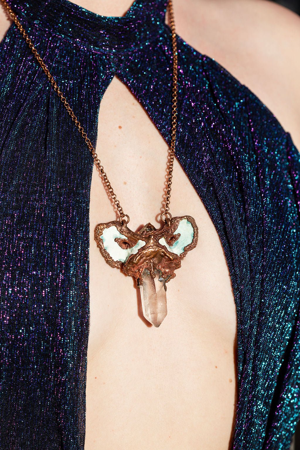 Coyote Bone, Citrine and Quartz Copper Necklace - Necklaces