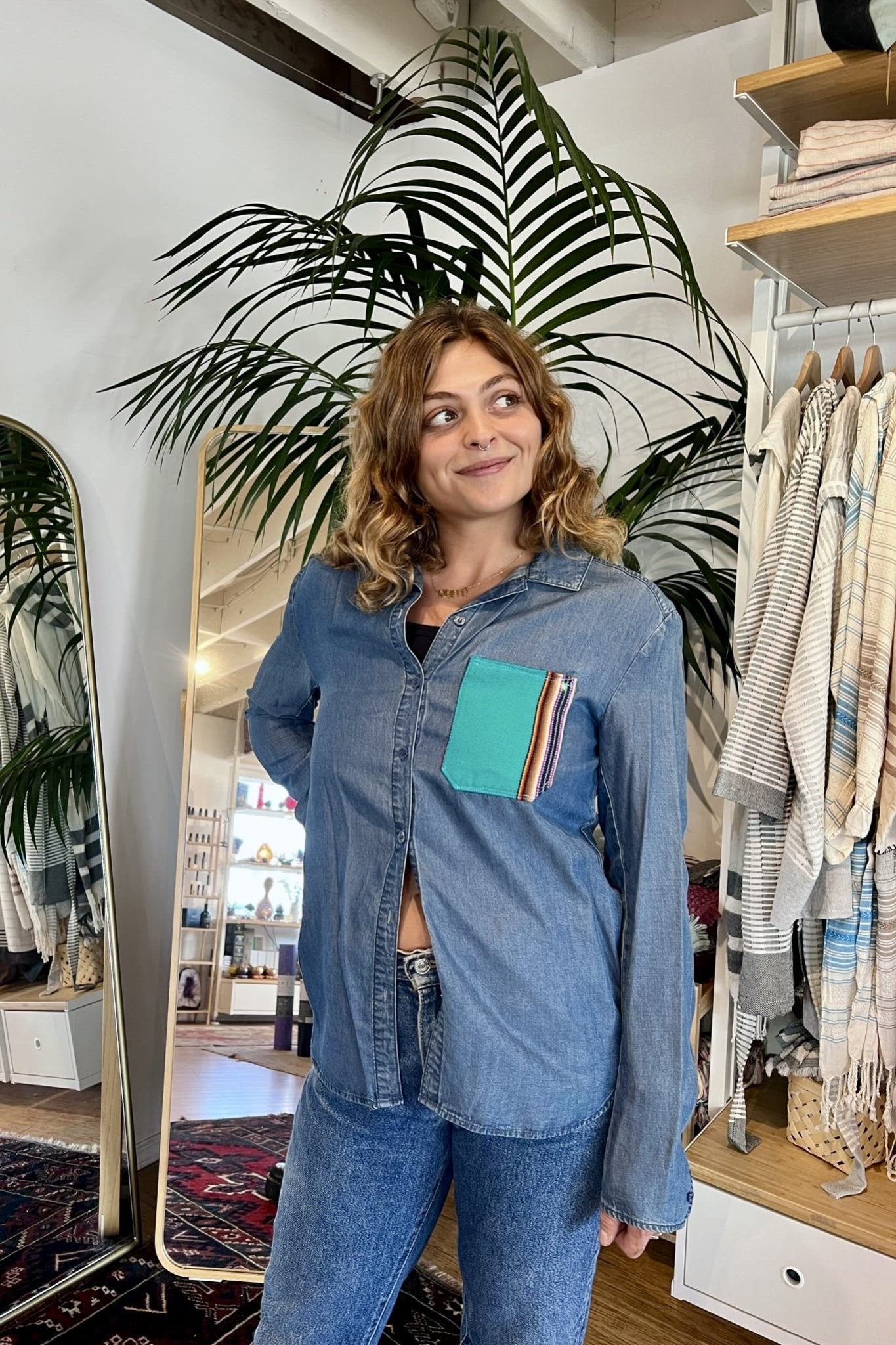 Divine Triangle Back Jean Shirt - Shirts & Tops