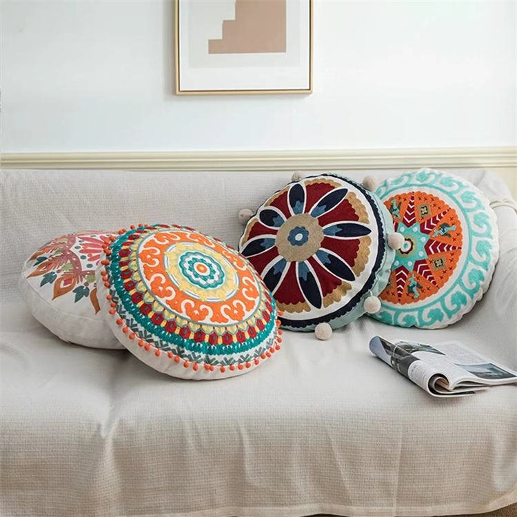 Embroidered Meditation Cushion (Peach) - Pillows