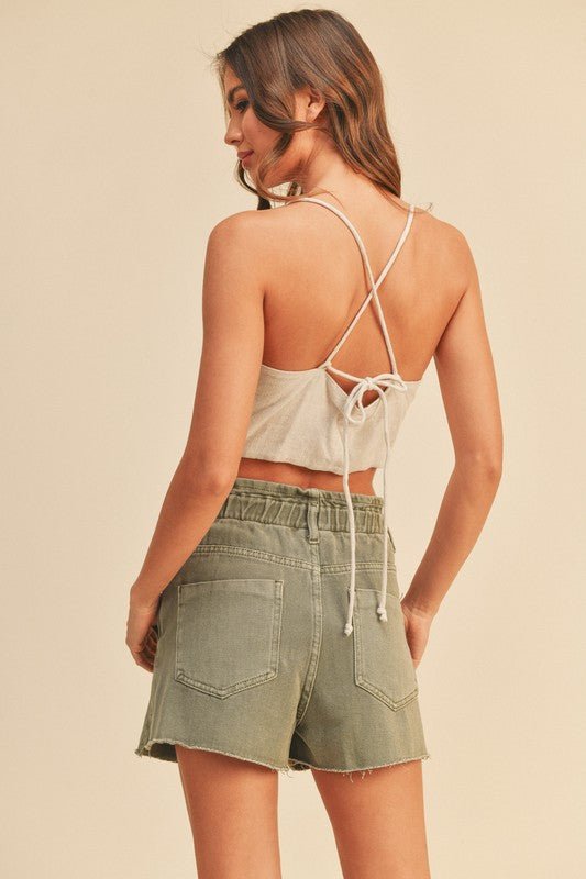 Keyhole Drawstring Crop Top (Oatmeal) - Small - Shirts & Tops