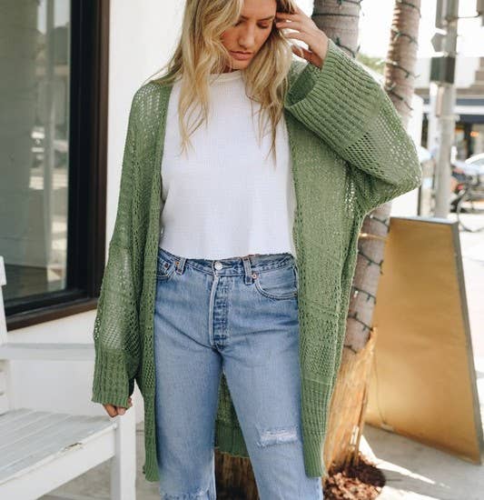 Knit Netted Cardigan - Moss - Cardigan