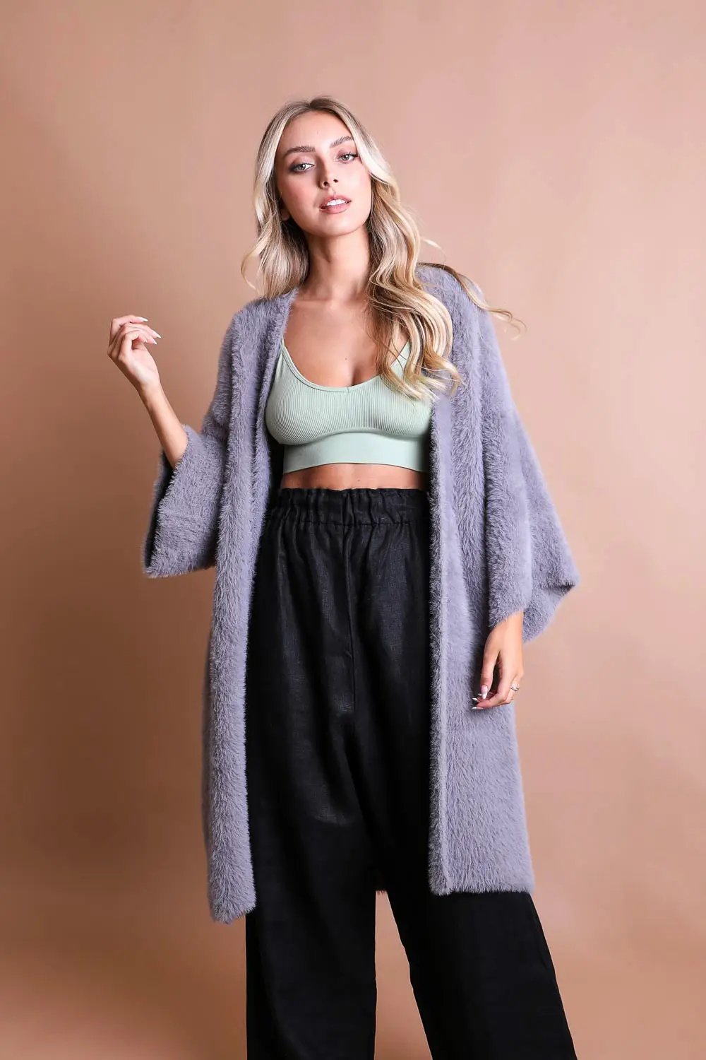 Luxe Winter Faux Mohair Knit Cardigan - Gray - Casual Kimonos