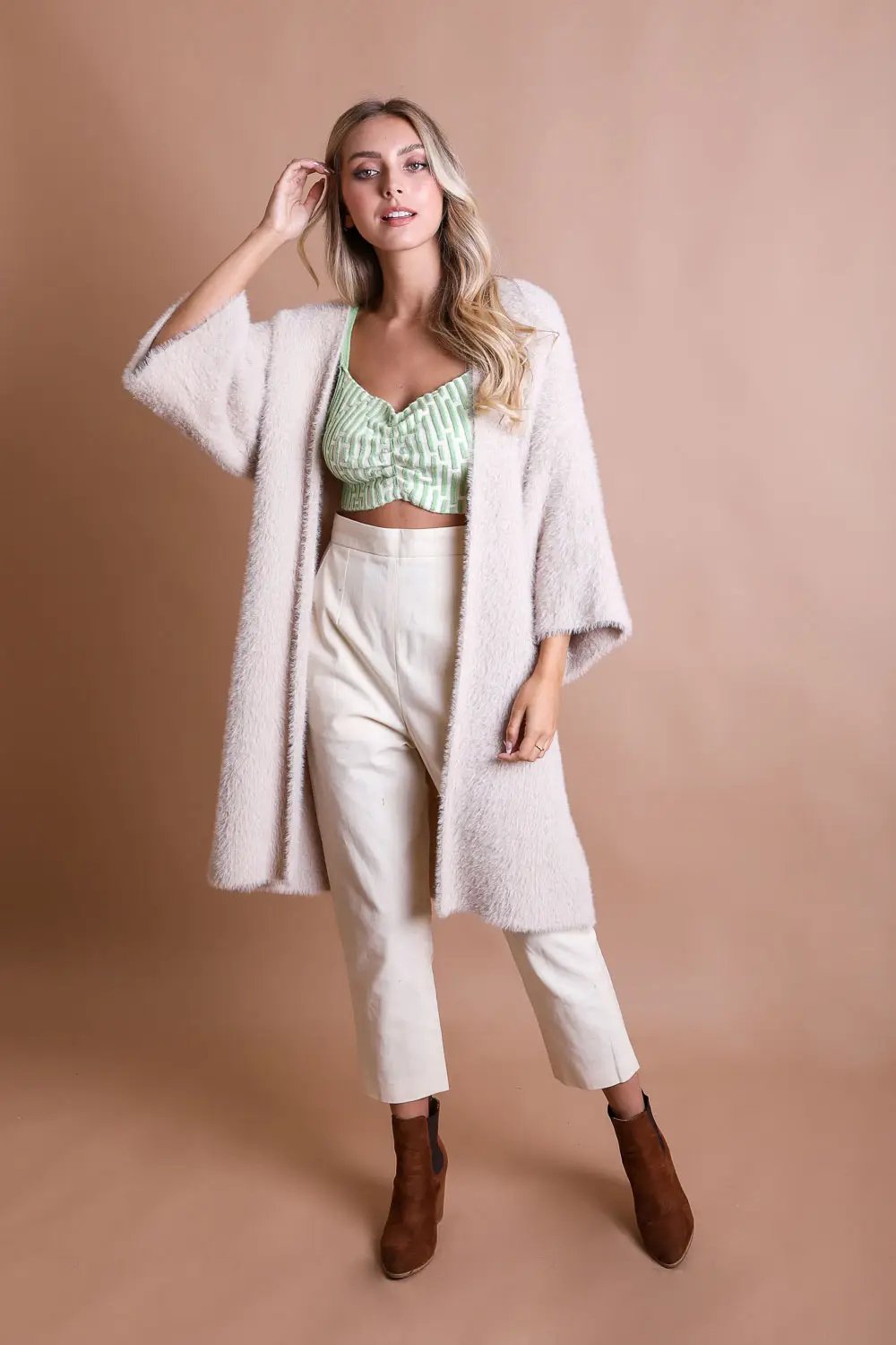 Luxe Winter Faux Mohair Knit Cardigan - Gray - Casual Kimonos