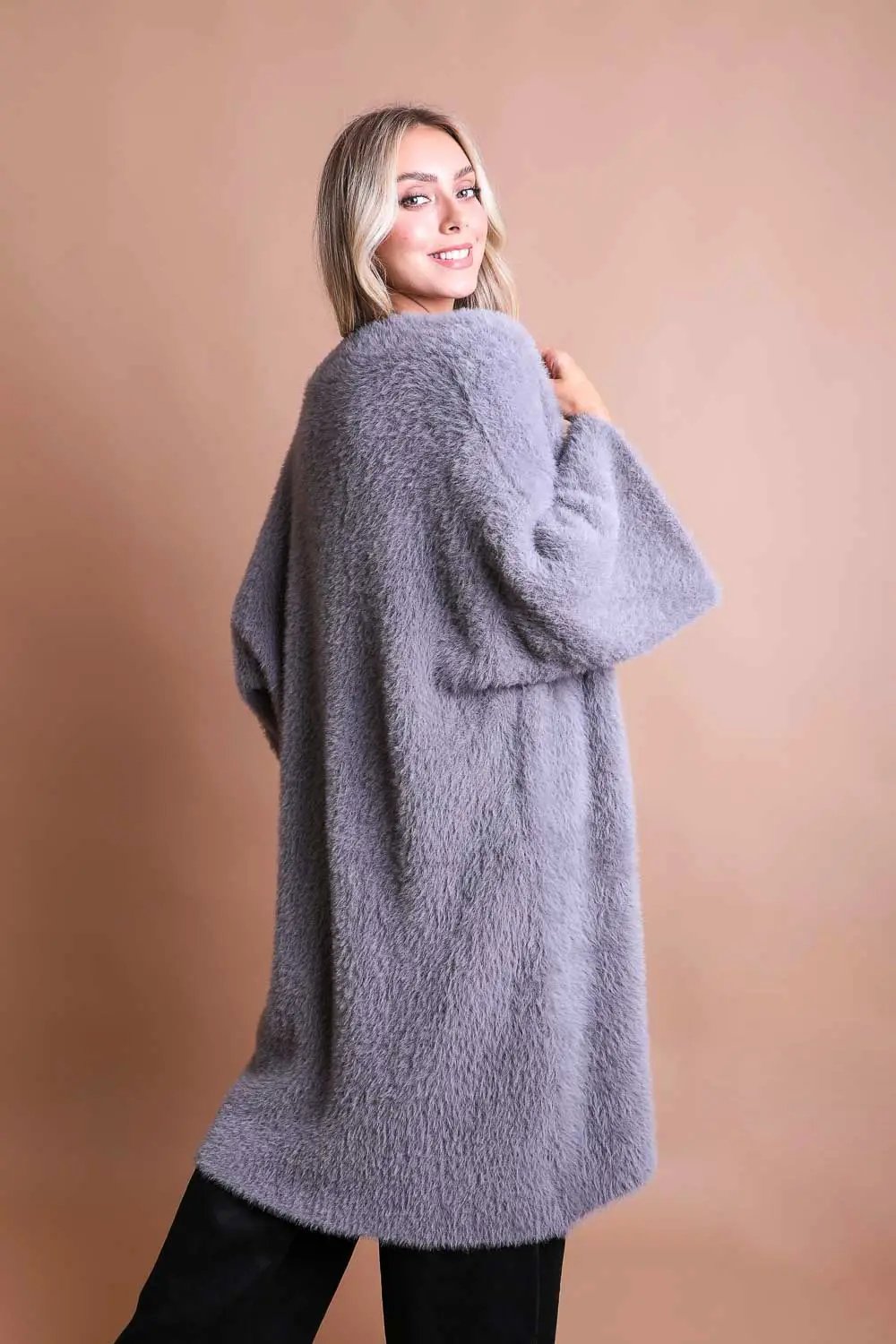 Luxe Winter Faux Mohair Knit Cardigan - Gray - Casual Kimonos