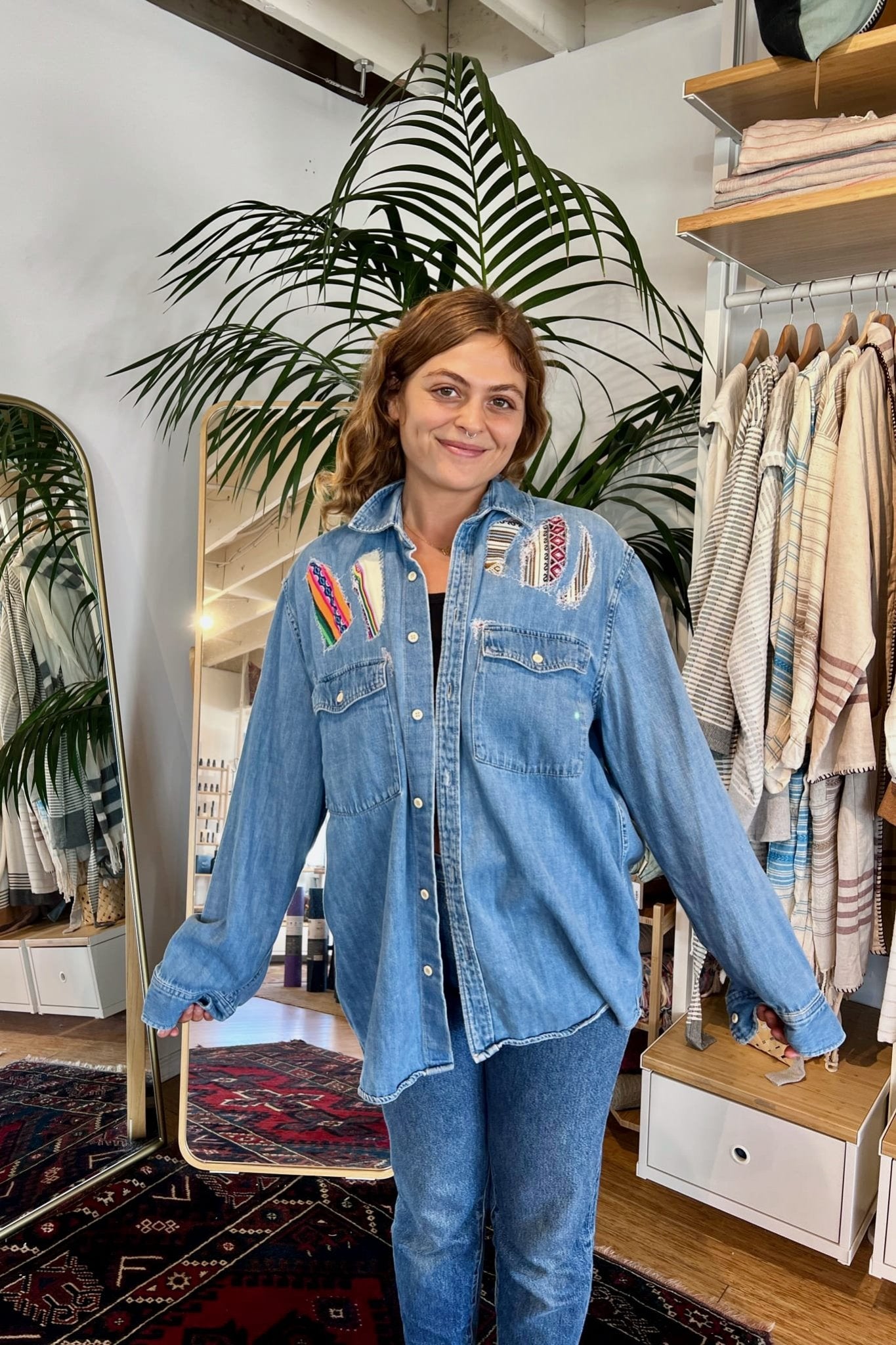 Peruvian Patched Rips Jean Shirt - Shirts & Tops