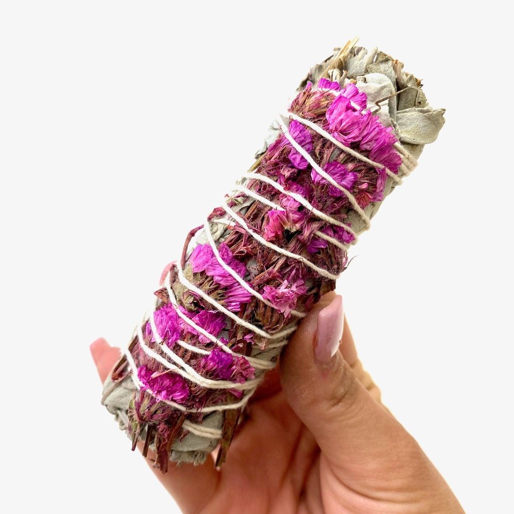 Pink Sinuata Flower with White Sage Smudge Bundle - Smudge