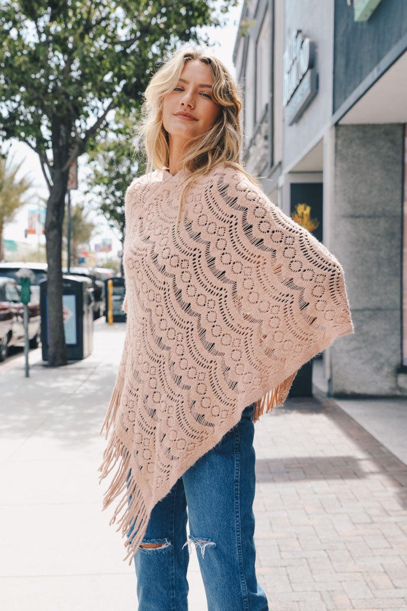 Scallop Knit Lace Poncho - Pink - Poncho