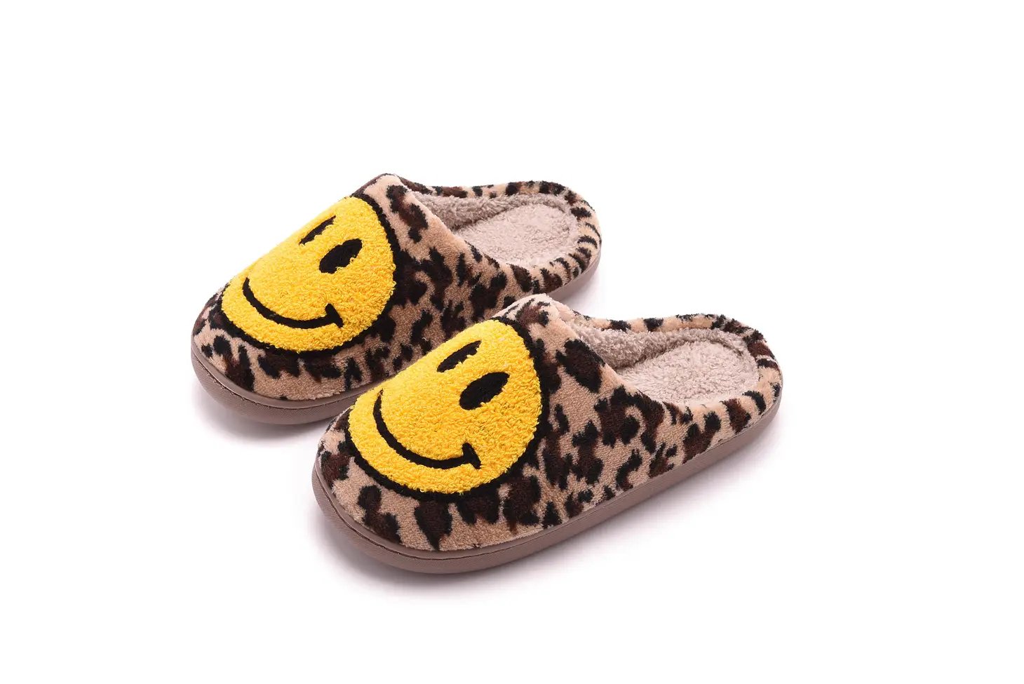 Smiley Face Fluffy Slippers (Leopard) - Small (5.5-6.5/37-38) - Slippers