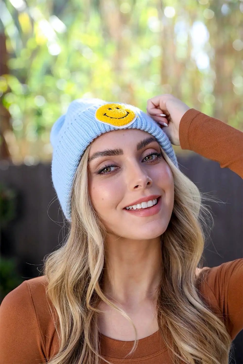 Smiley Face Ribbed Beanie - Blue - Hats