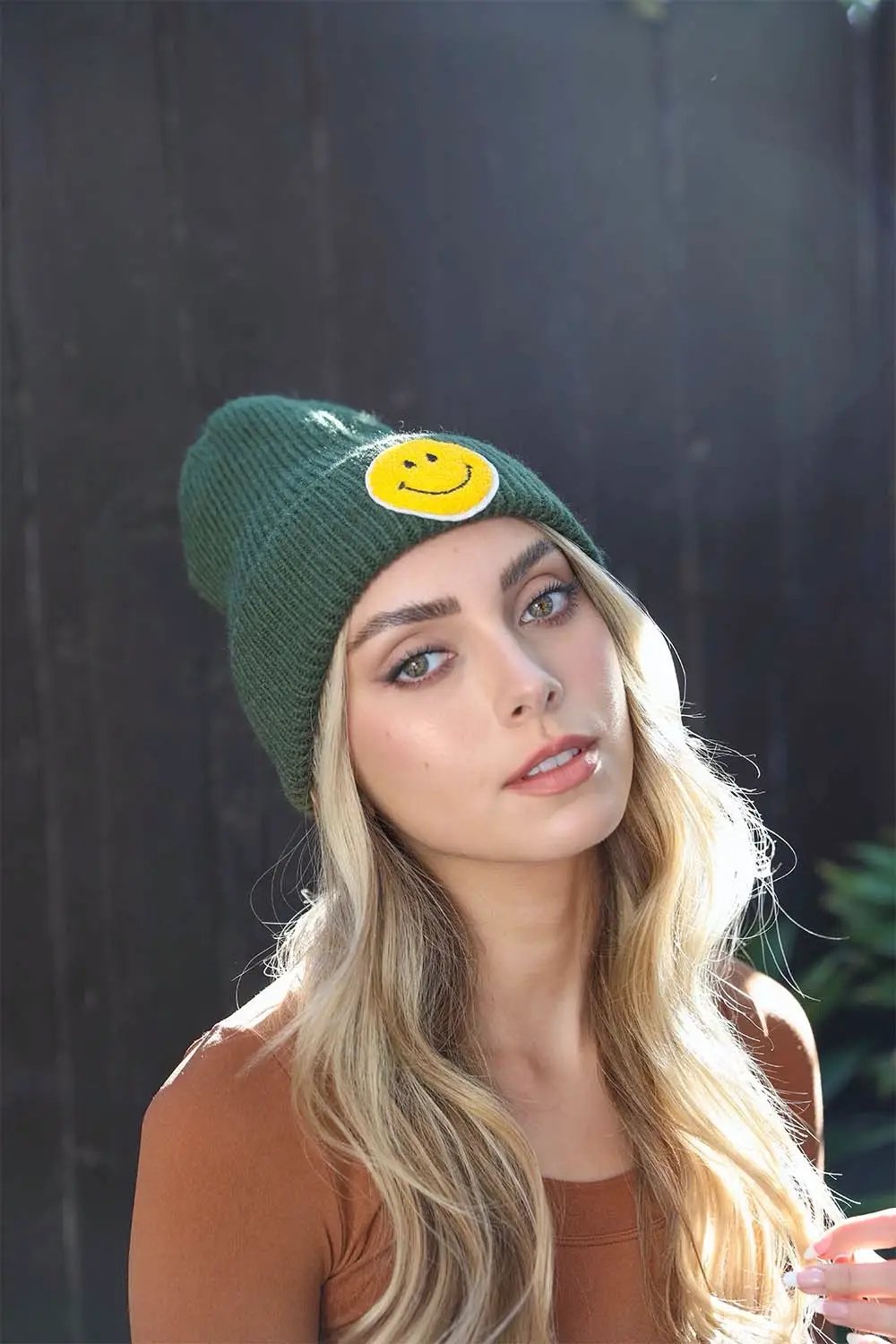 Smiley Face Ribbed Beanie - Olive - Hats