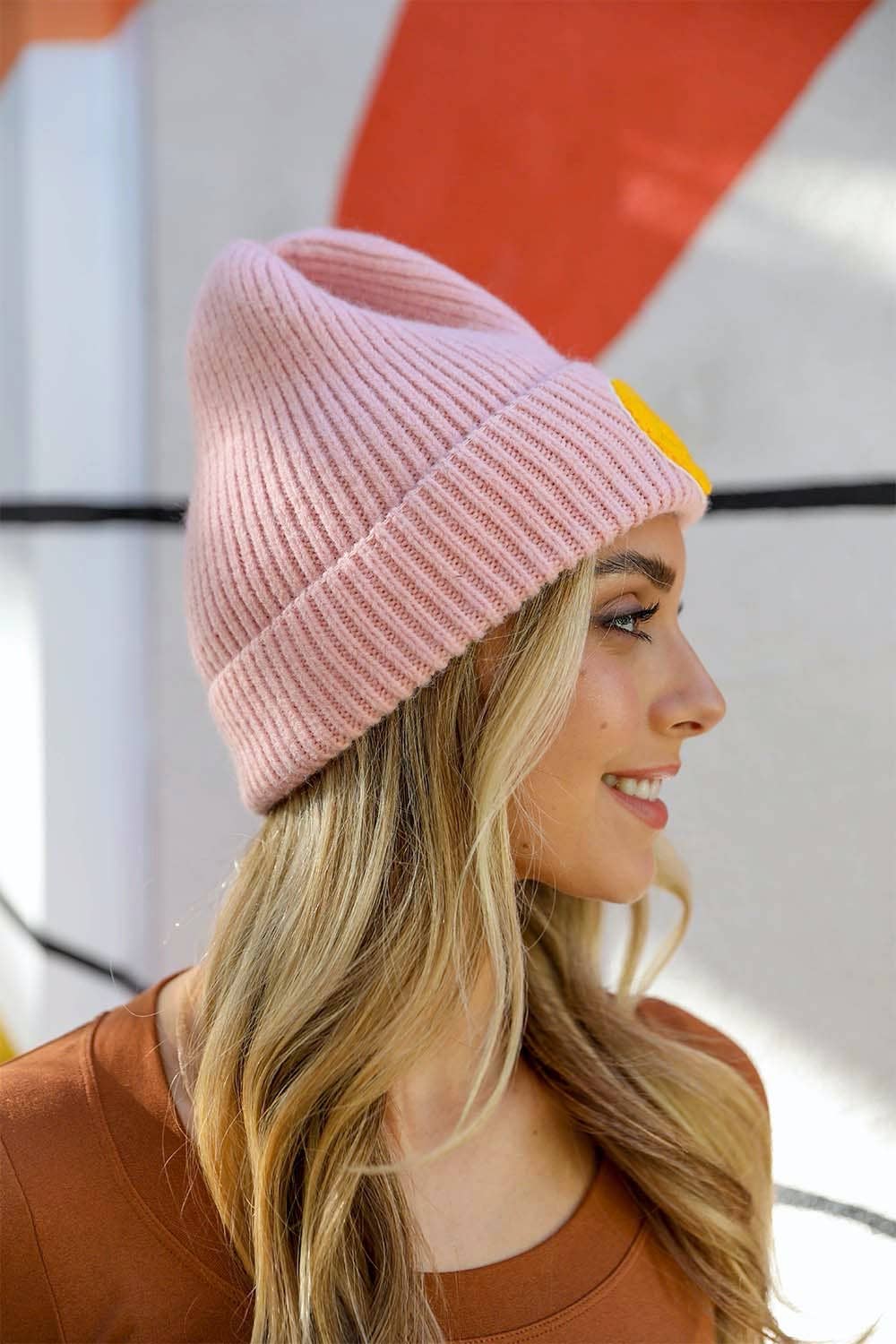 Smiley Face Ribbed Beanie - Pink - Hats