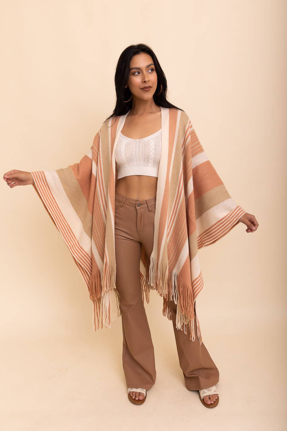 Striped Frayed Edge Ruana (Beige) - Ruana