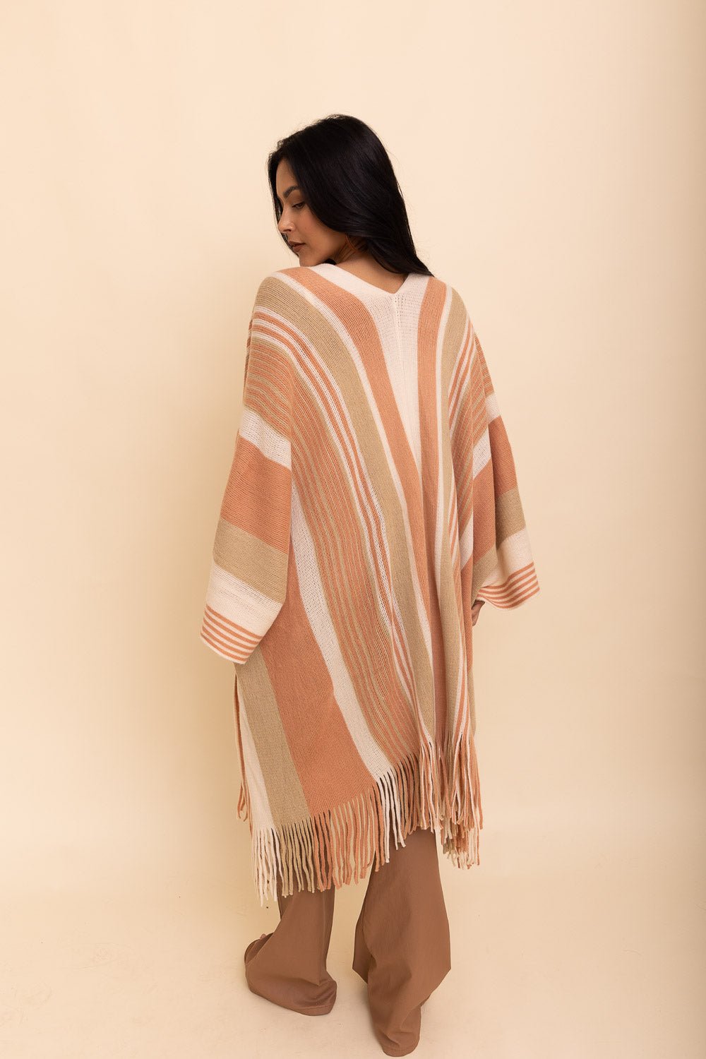 Striped Frayed Edge Ruana (Beige) - Ruana