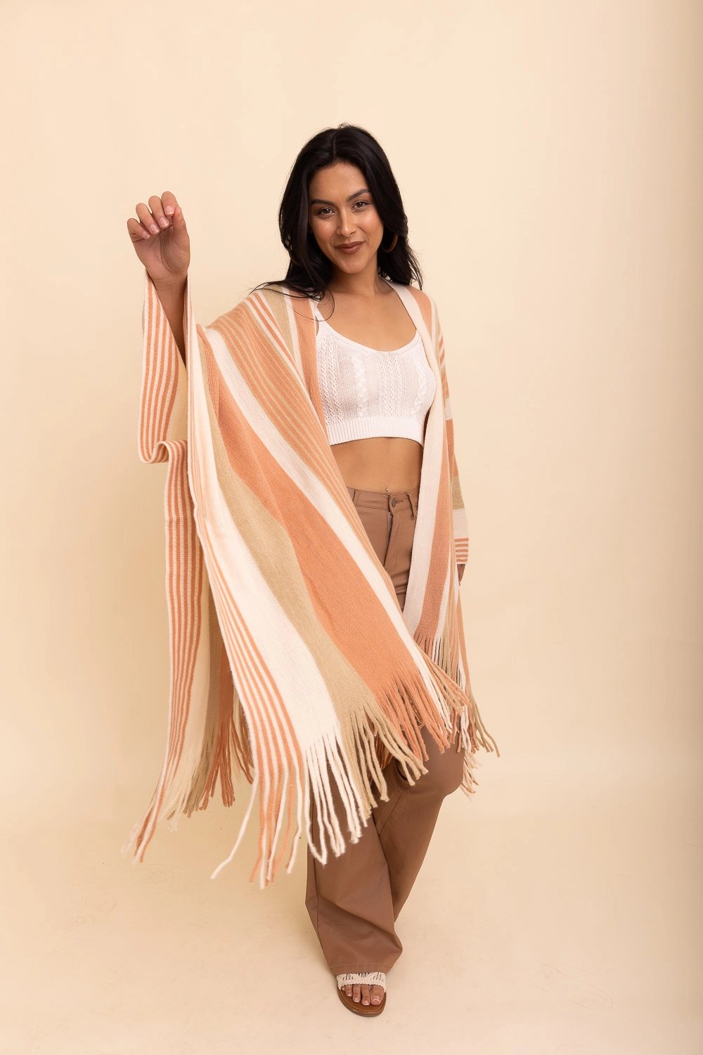 Striped Frayed Edge Ruana (Beige) - Ruana