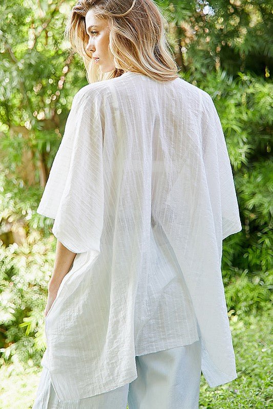 Washed Cotton Voile Strip Texture Kimono - White - M/L - Casual Kimonos