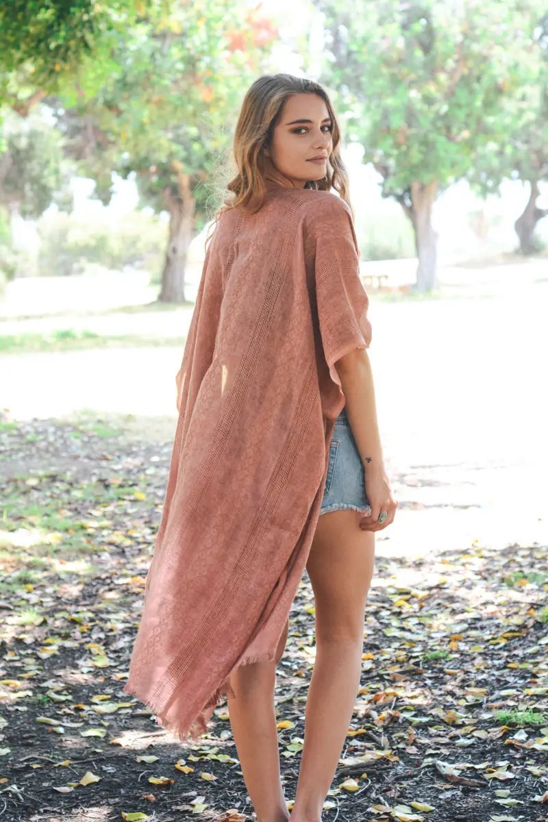 Woven Longline Tribal Kimono (Copper) - Copper - Casual Kimonos