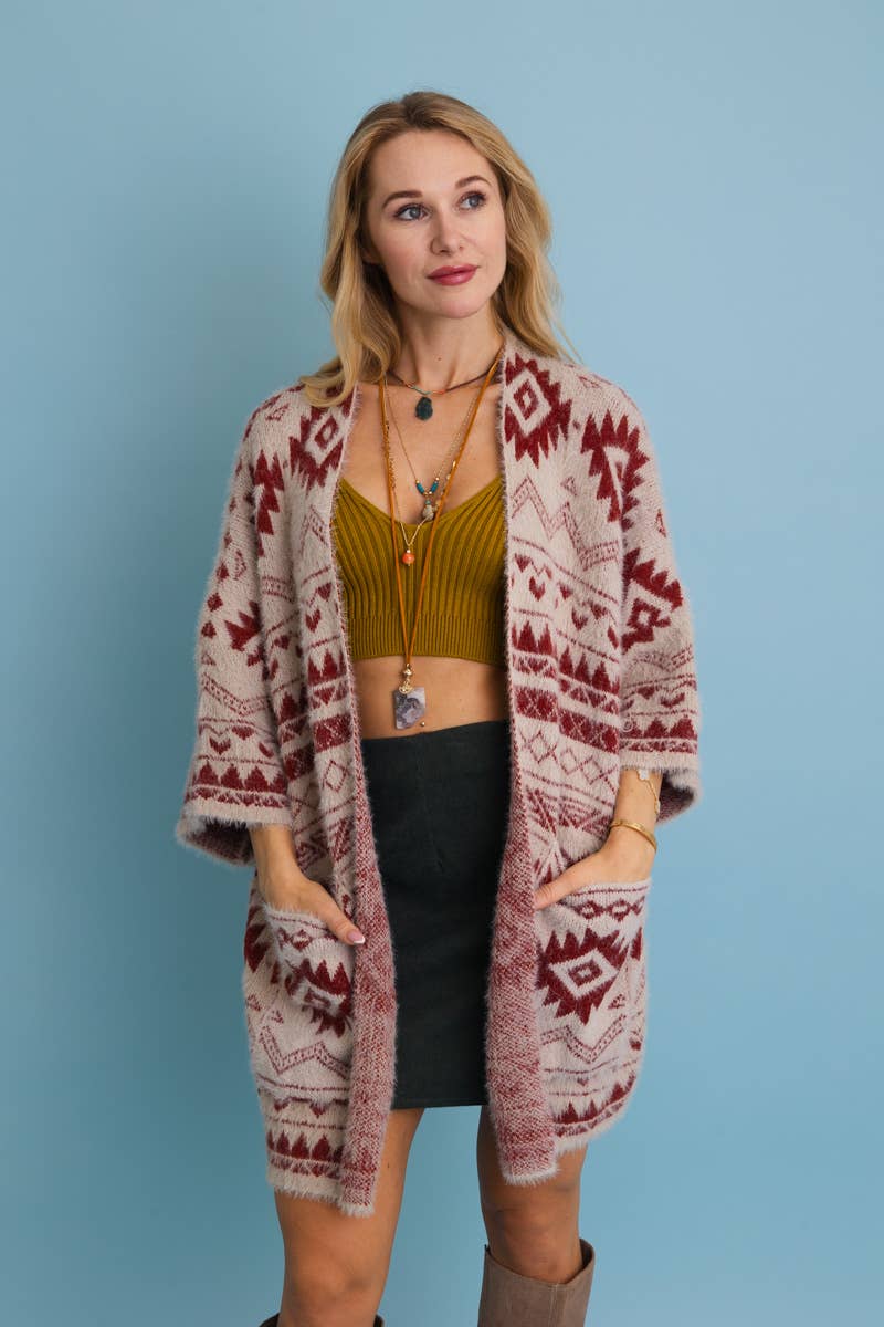 Aztec Tribal Soft Knit Cardigan (Rust) - Cardigan