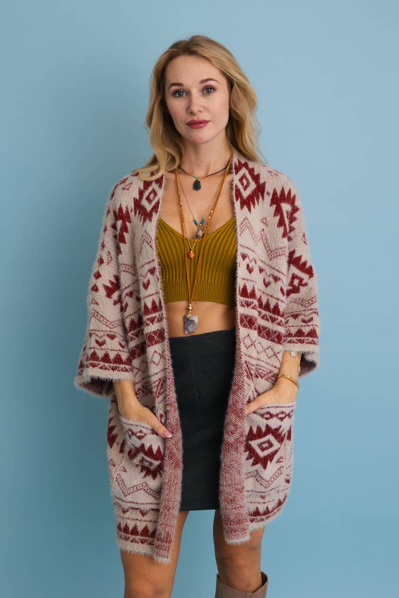 Aztec Tribal Soft Knit Cardigan (Rust) - Cardigan