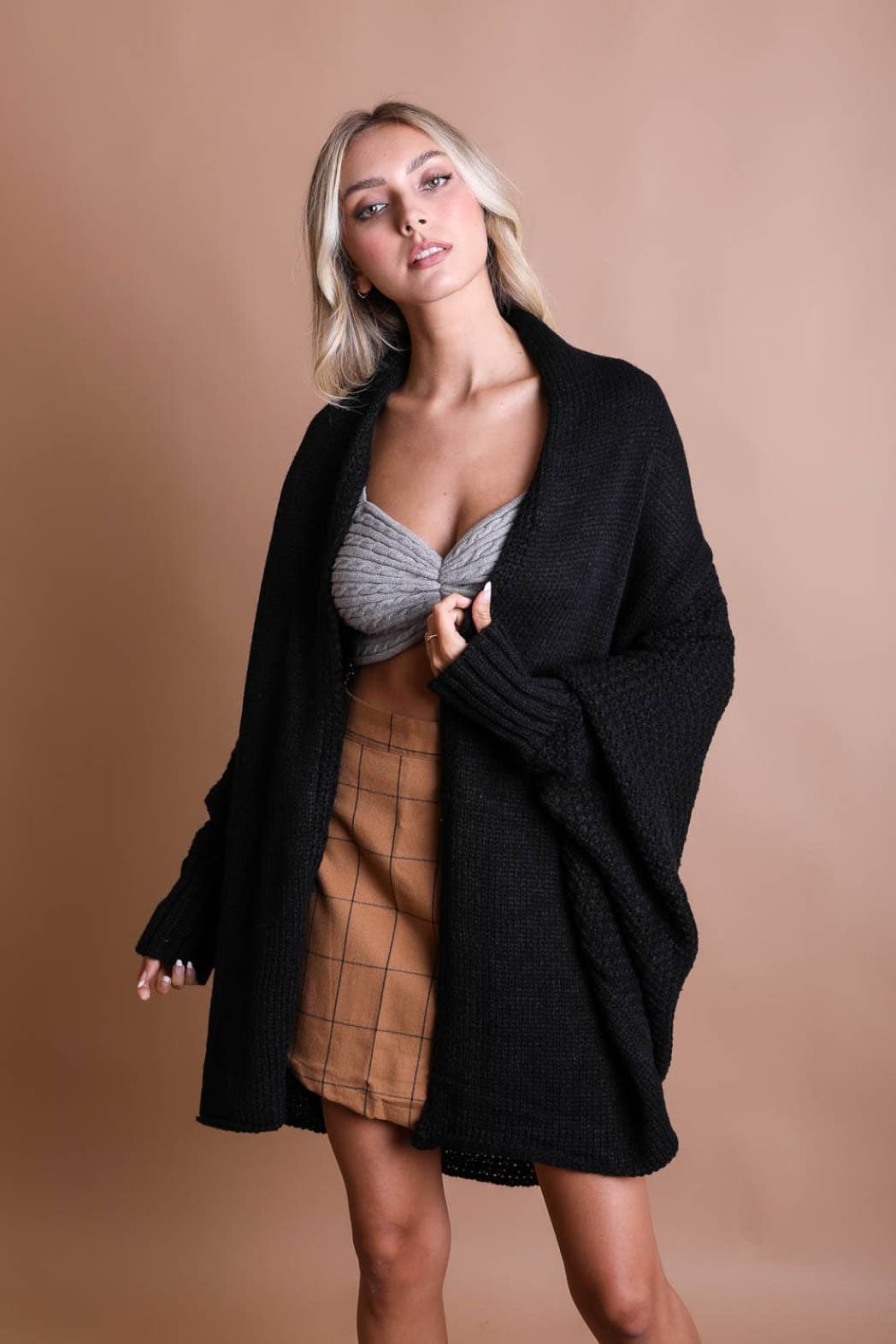 Bat Sleeve Knit Cardigan (Black) - Cardigan