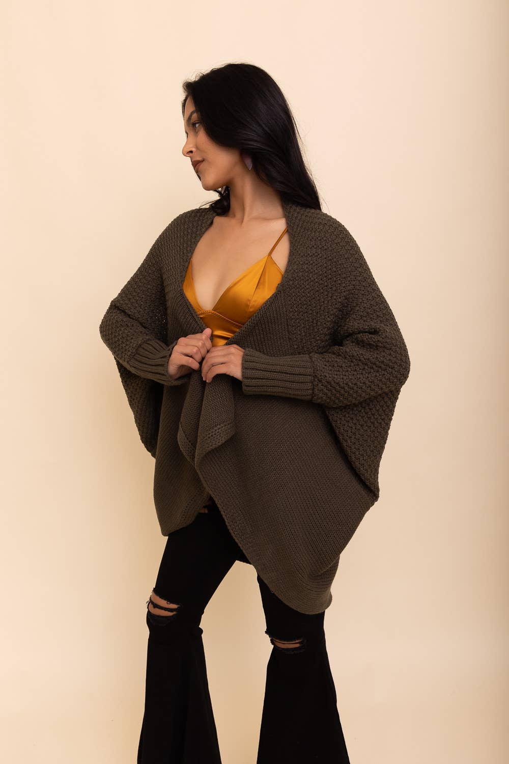 Bat Sleeve Knit Cardigan (Olive) - Cardigan