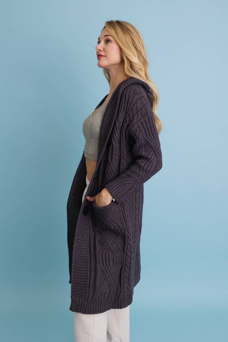 Cable Knit Hooded Cardigan with Large Buttons (Charcoal) - XS/S - Cardigan