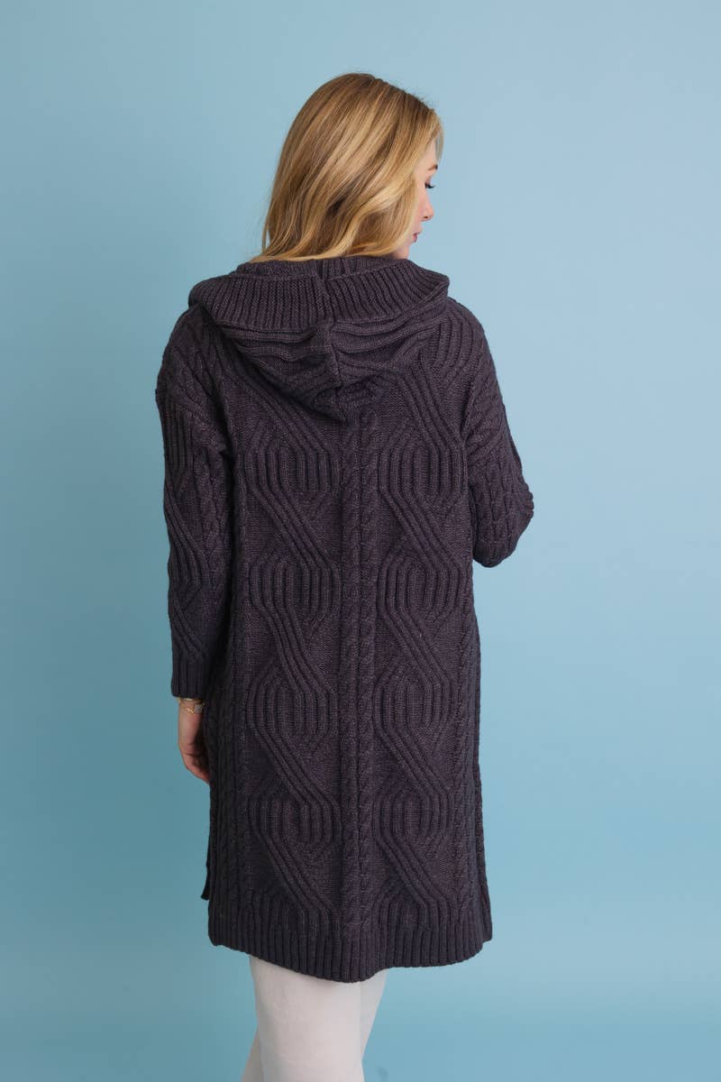 Cable Knit Hooded Cardigan with Large Buttons (Charcoal) - XS/S - Cardigan