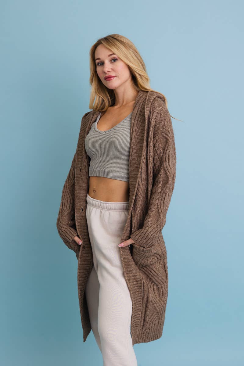 Cable Knit Hooded Cardigan with Large Buttons (Mocha) - XS/S - Cardigan