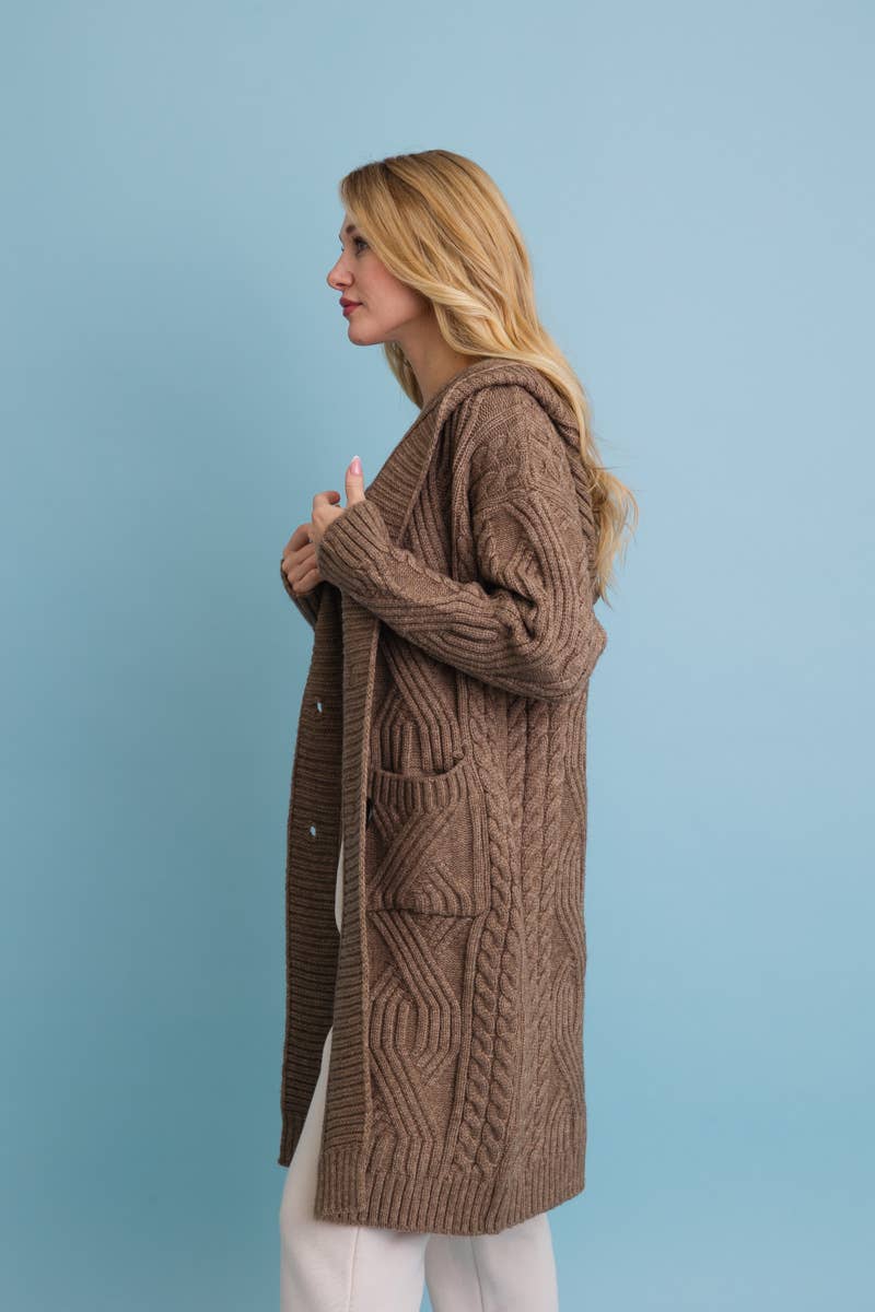 Cable Knit Hooded Cardigan with Large Buttons (Mocha) - XS/S - Cardigan