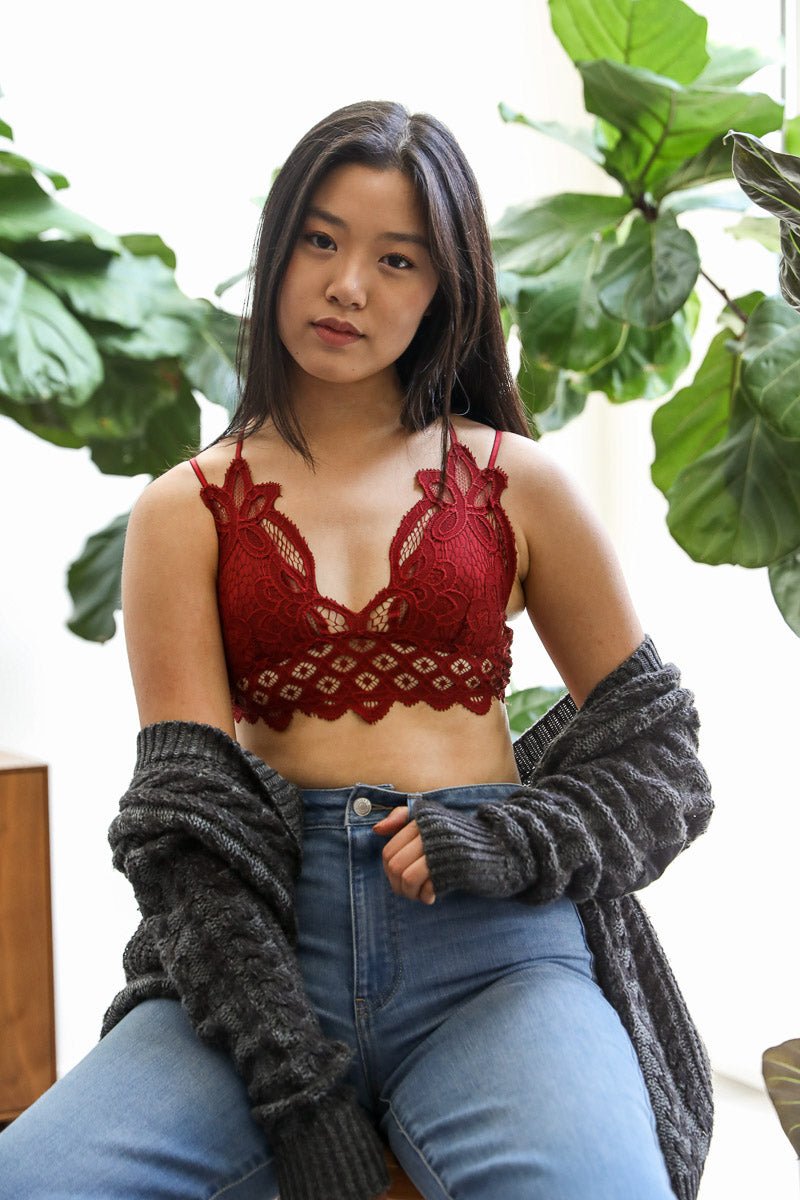 Crochet Lace Longline Bralette (Burgundy) - Small - Bralette