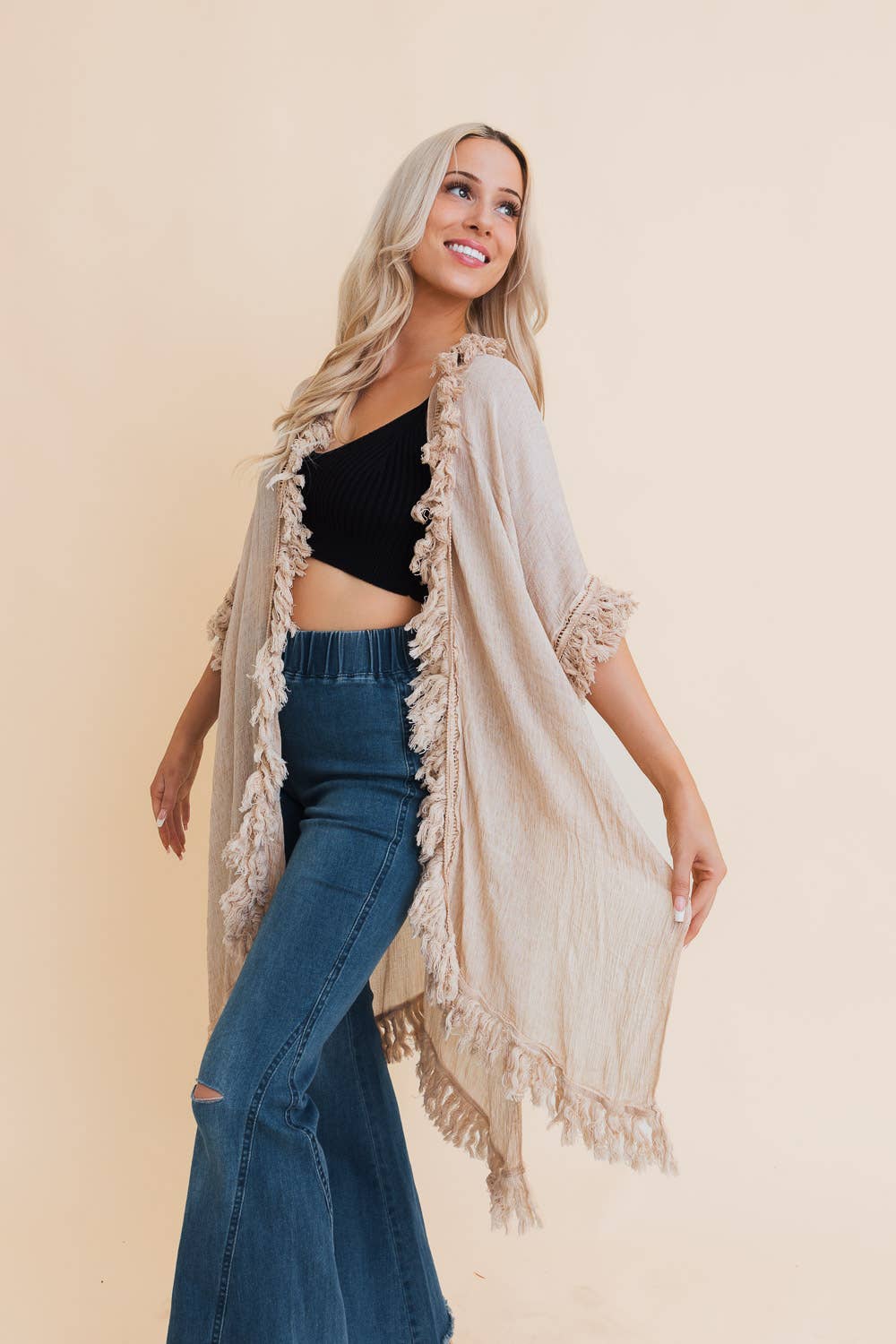 Fringe Ruffle Kimono (Beige) - Casual Kimonos