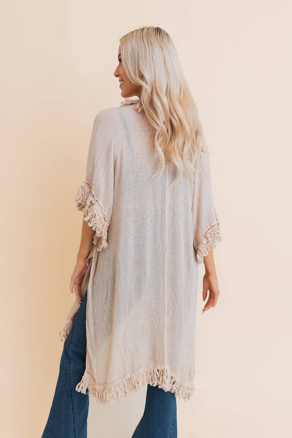 Fringe Ruffle Kimono (Beige) - Casual Kimonos