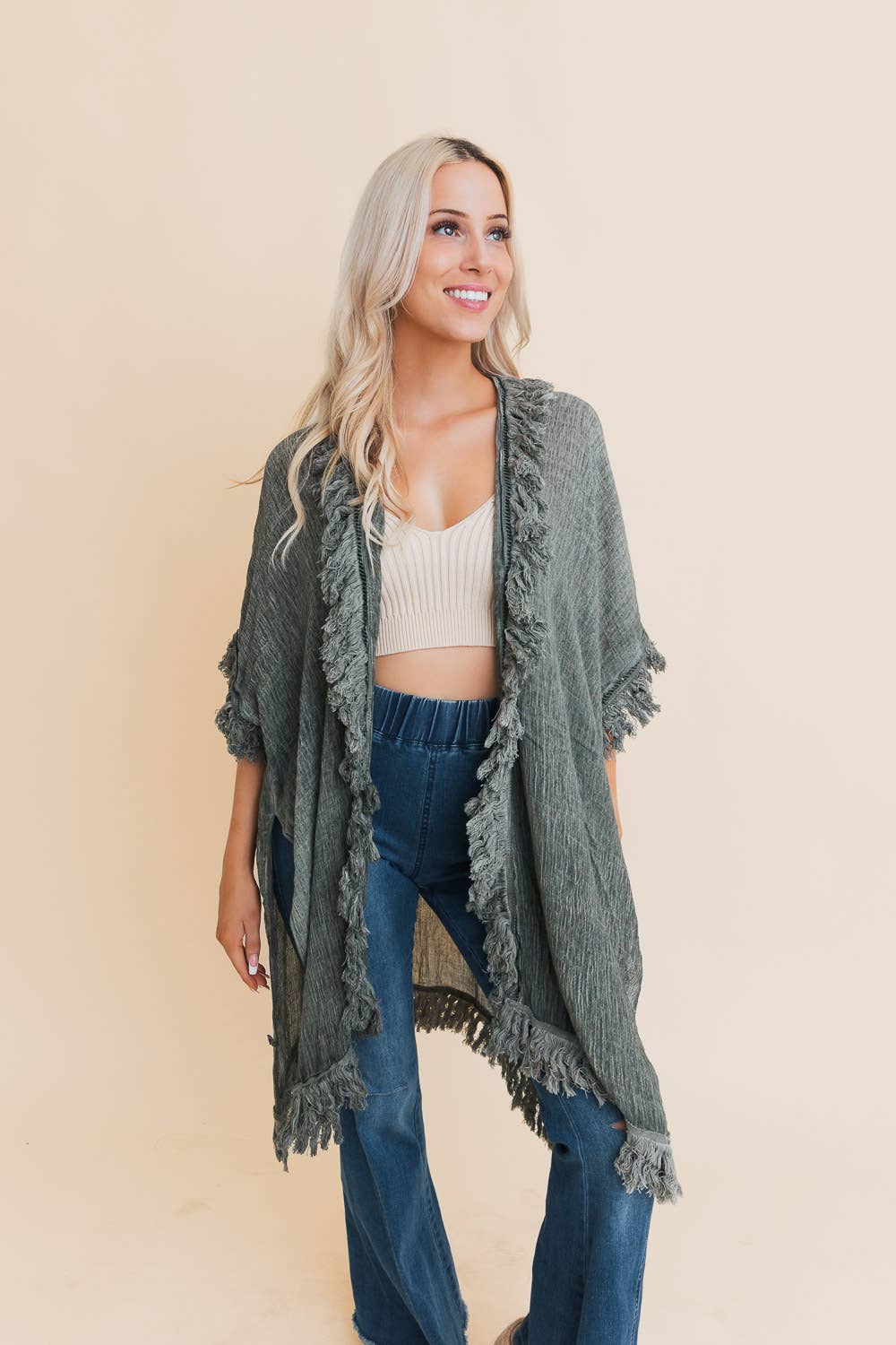 Fringe Ruffle Kimono (Olive) - Casual Kimonos