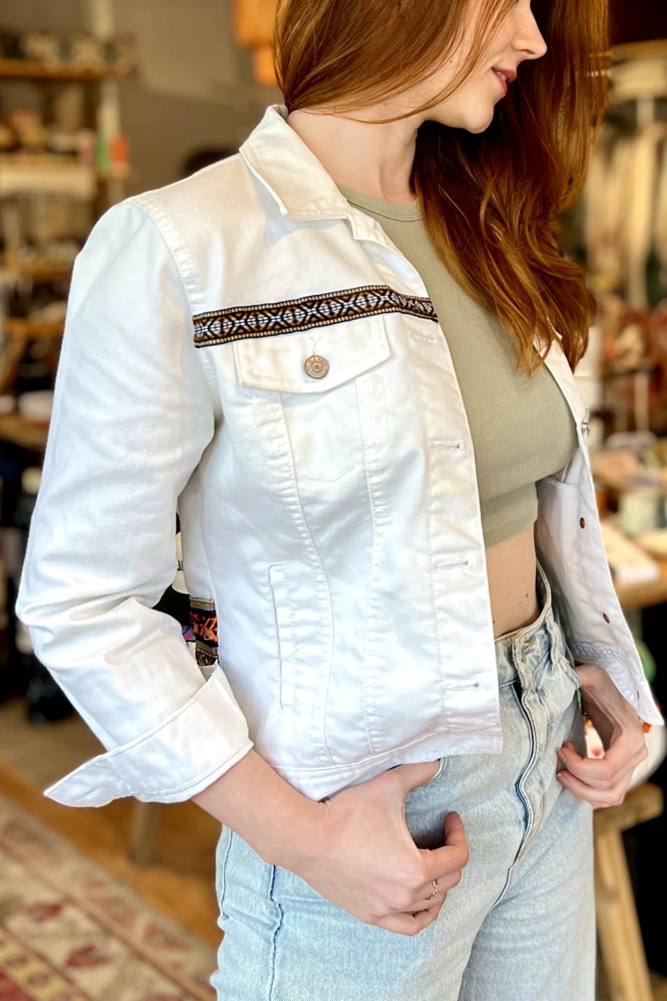 Hamsa Designer Denim Jacket (White) - Coats & Jackets