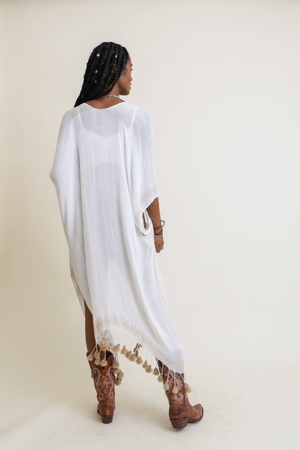 Longline Tassel Border Kimono (White) - Casual Kimonos