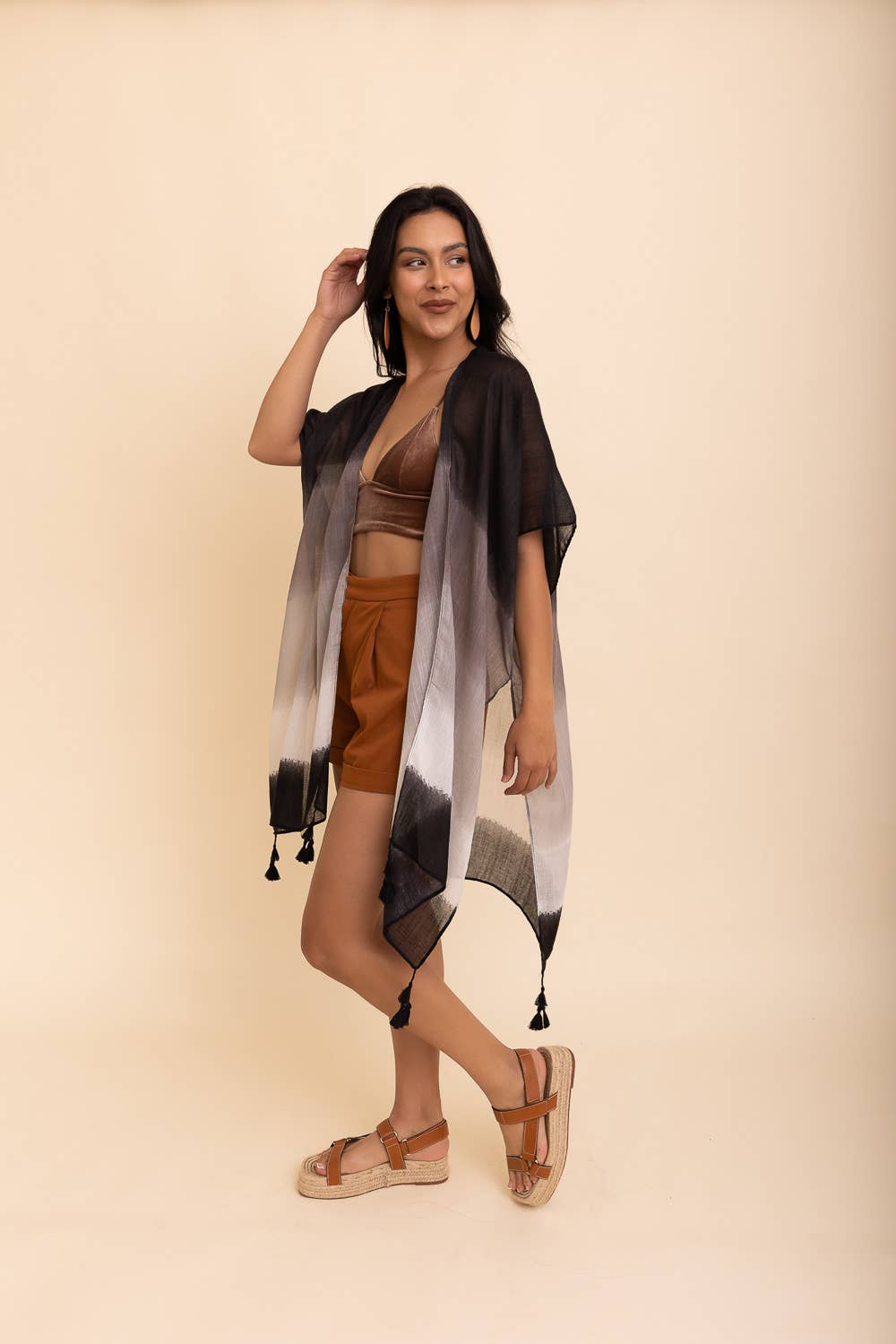 Multi Gradient Kimono with Tassels (Black) - Casual Kimonos