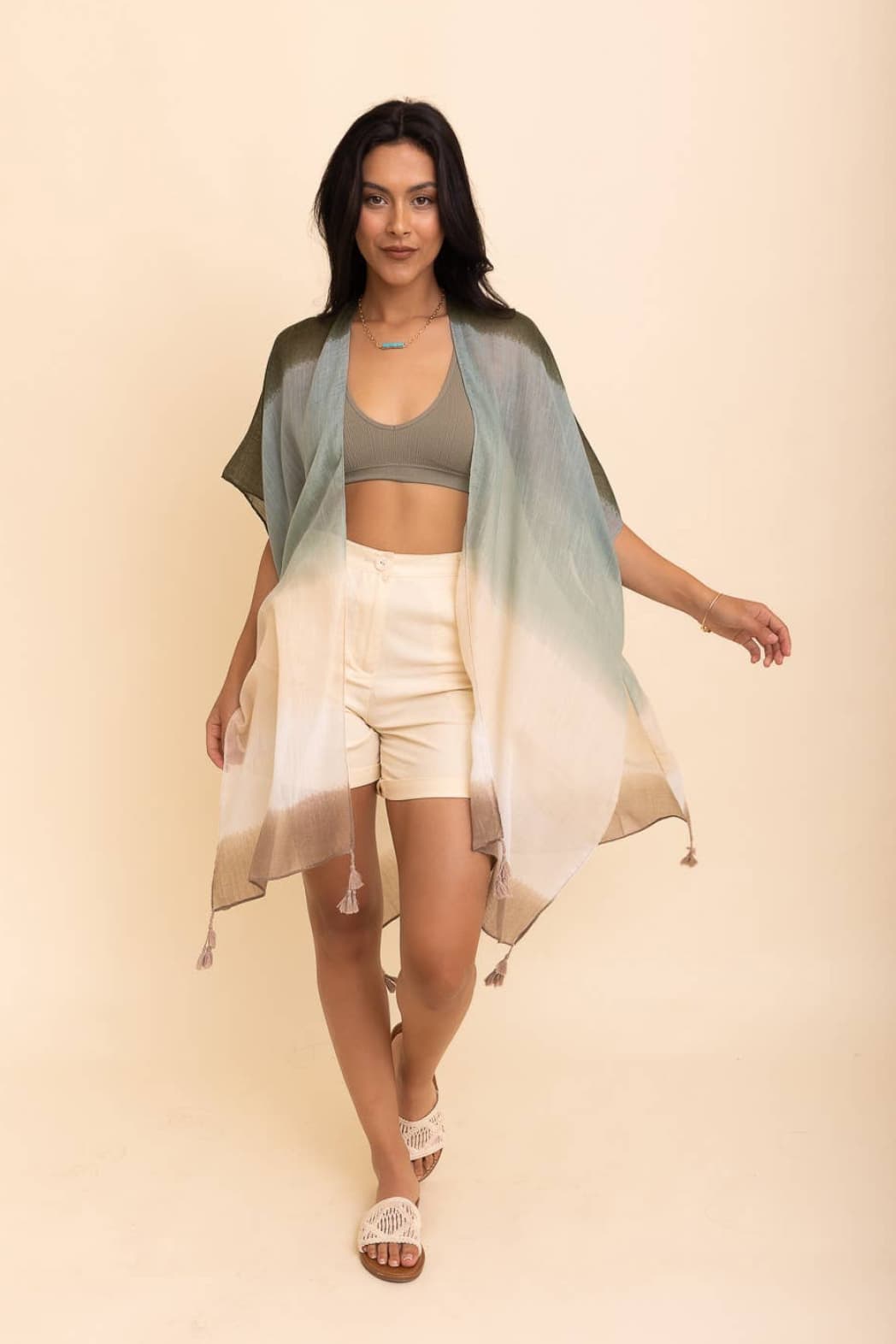 Multi Gradient Kimono with Tassels (Sage) - Casual Kimonos