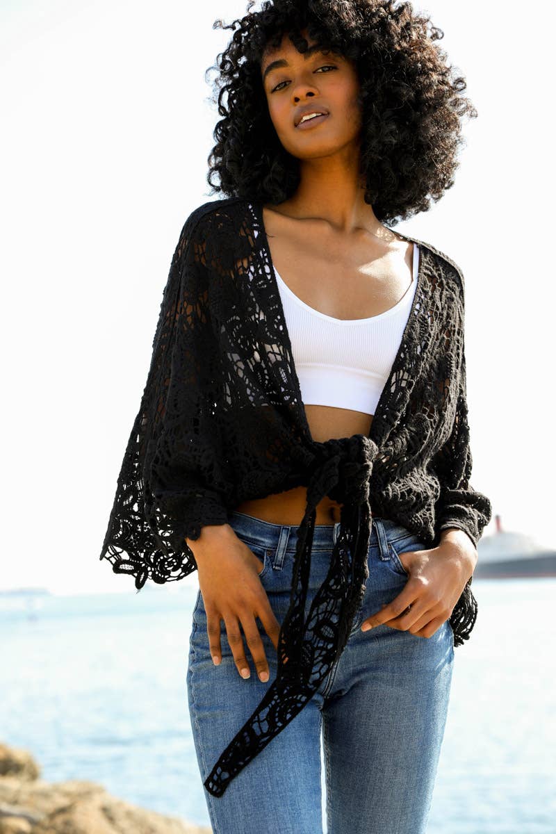 Summer Crochet Floral Petal Kimono Wrap (Black) - Casual Kimonos