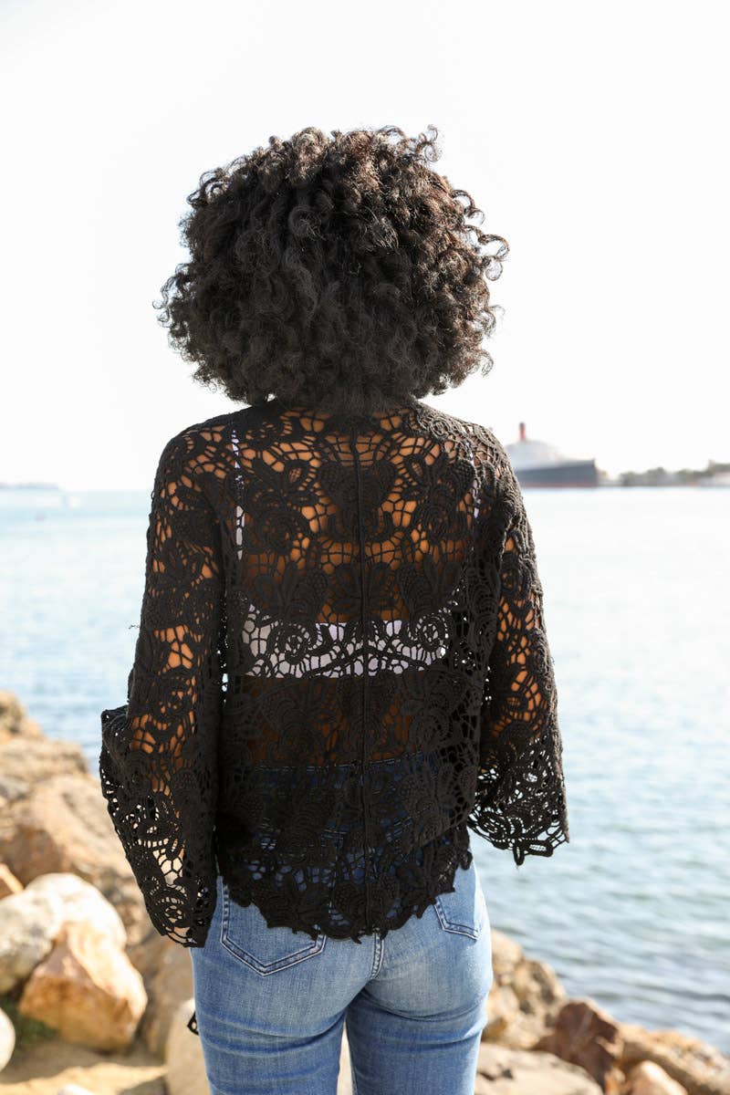 Summer Crochet Floral Petal Kimono Wrap (Black) - Casual Kimonos