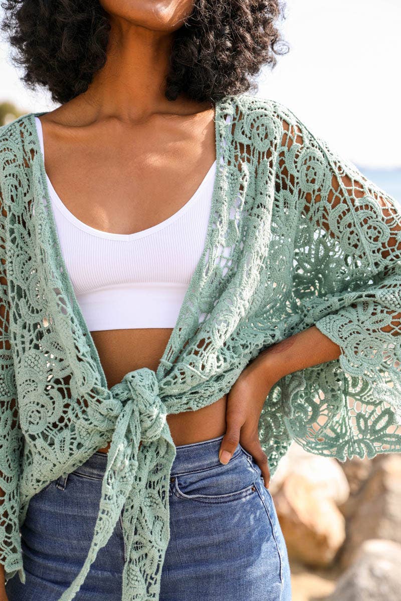 Summer Crochet Floral Petal Kimono Wrap (Mint) - Casual Kimonos